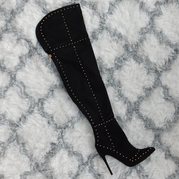 Black &Gold Studded Over the Knee Boots - Picture 2 of 6